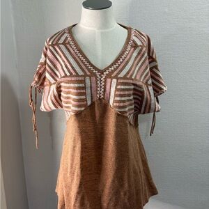Savanna Jane Brown and Pink Striped V-Neck Blouse embroidered size M